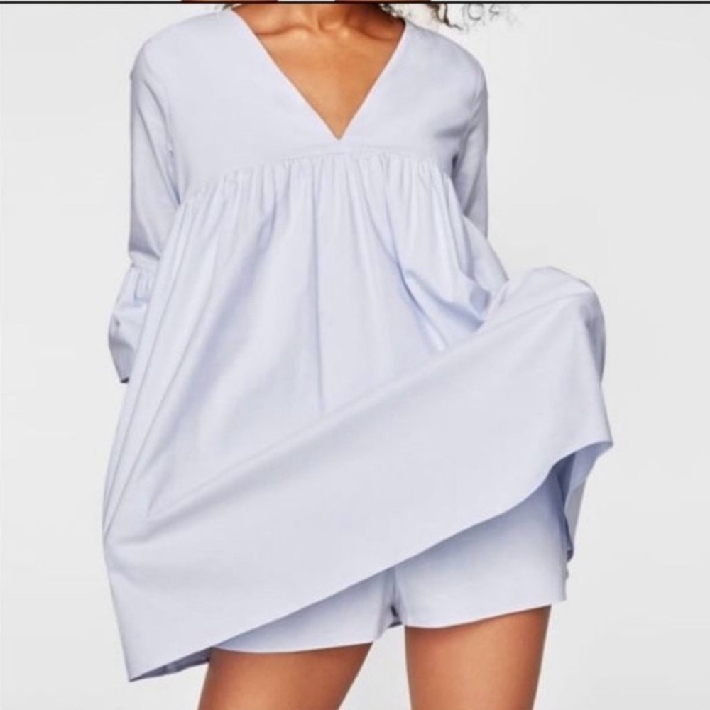 Zara Women's Light Blue V Neck Baby Doll Mini Dress With Shorts Underneath M